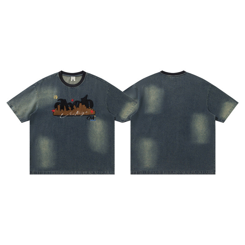 Vintage gradient letter towel embroidered denim short sleeved shirt