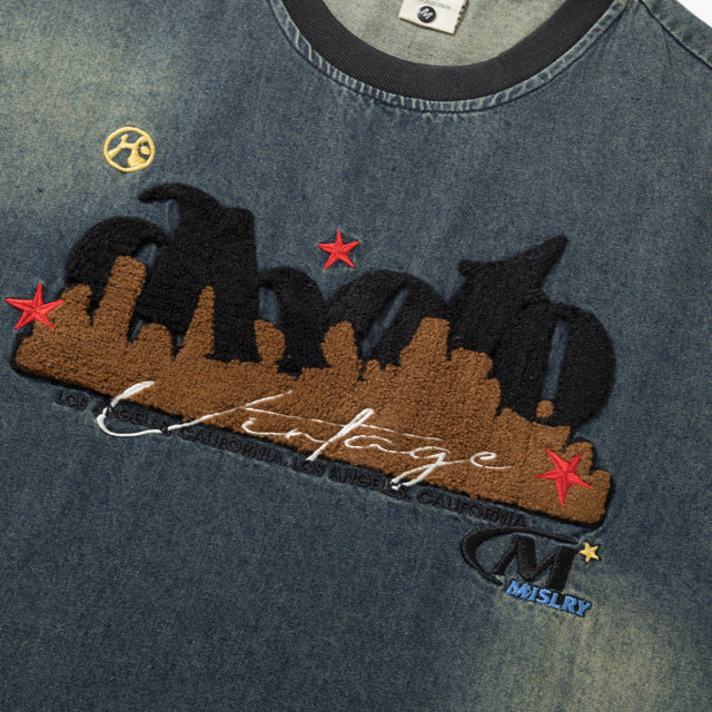 Vintage gradient letter towel embroidered denim short sleeved shirt
