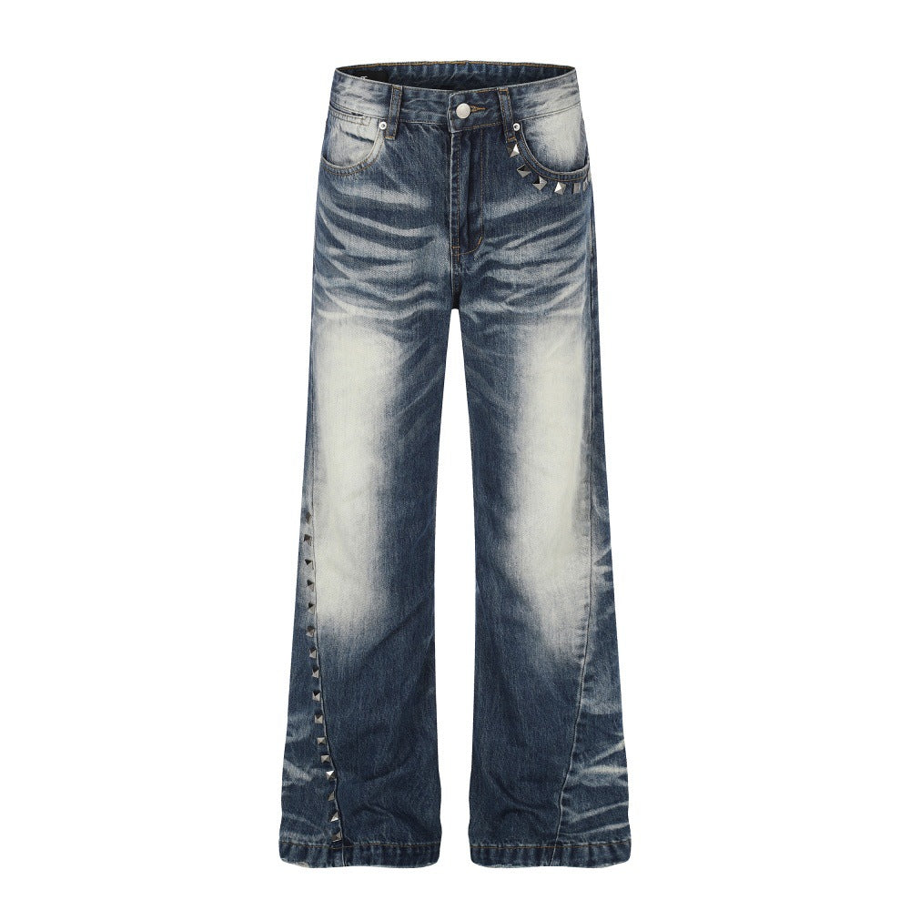 Color blocking white washed denim micro pull pants