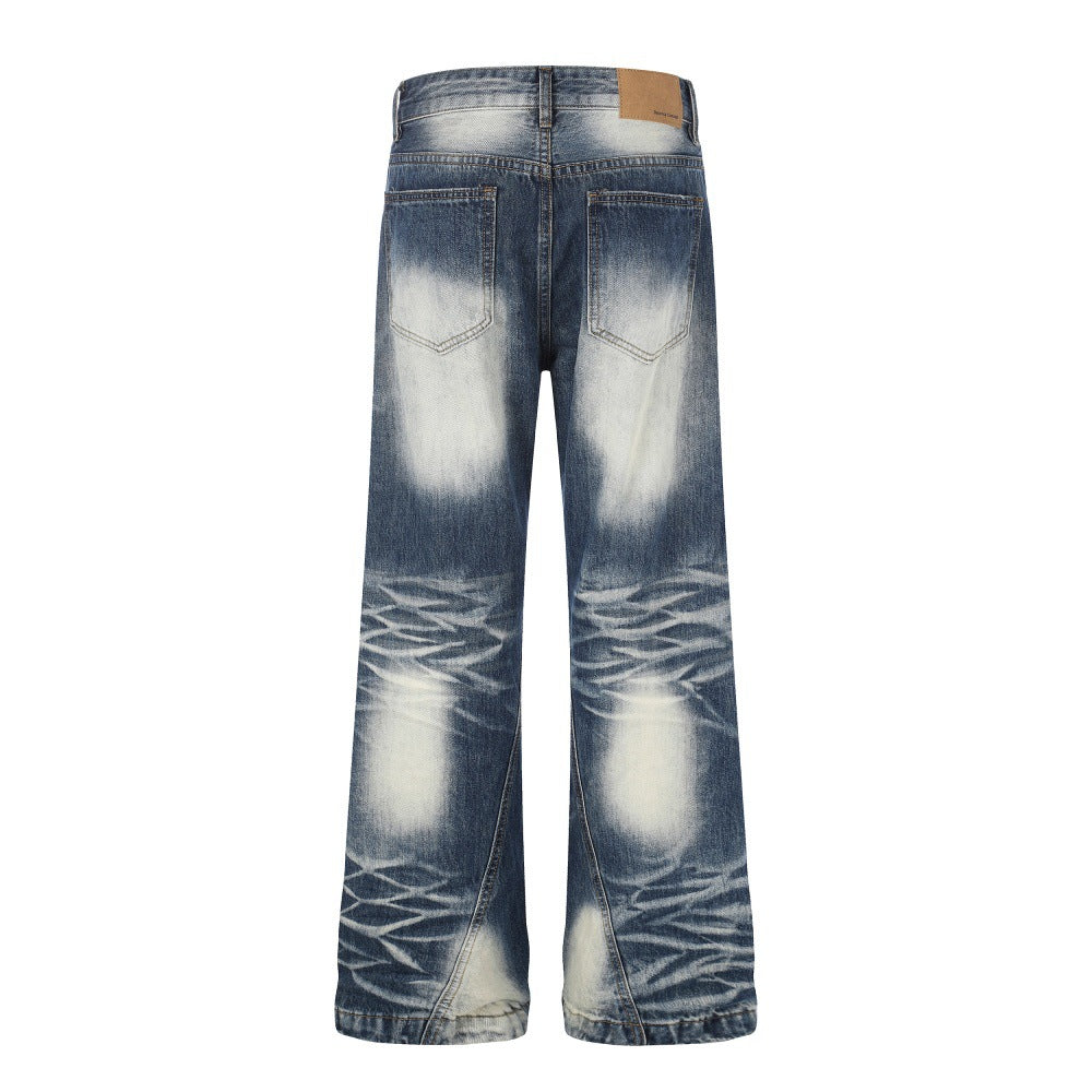 Color blocking white washed denim micro pull pants