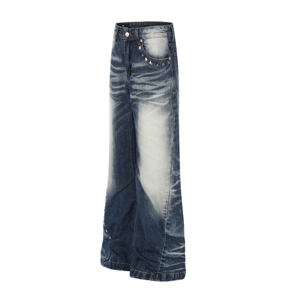 Color blocking white washed denim micro pull pants