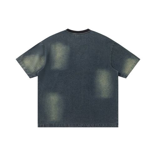 Vintage gradient letter towel embroidered denim short sleeved shirt