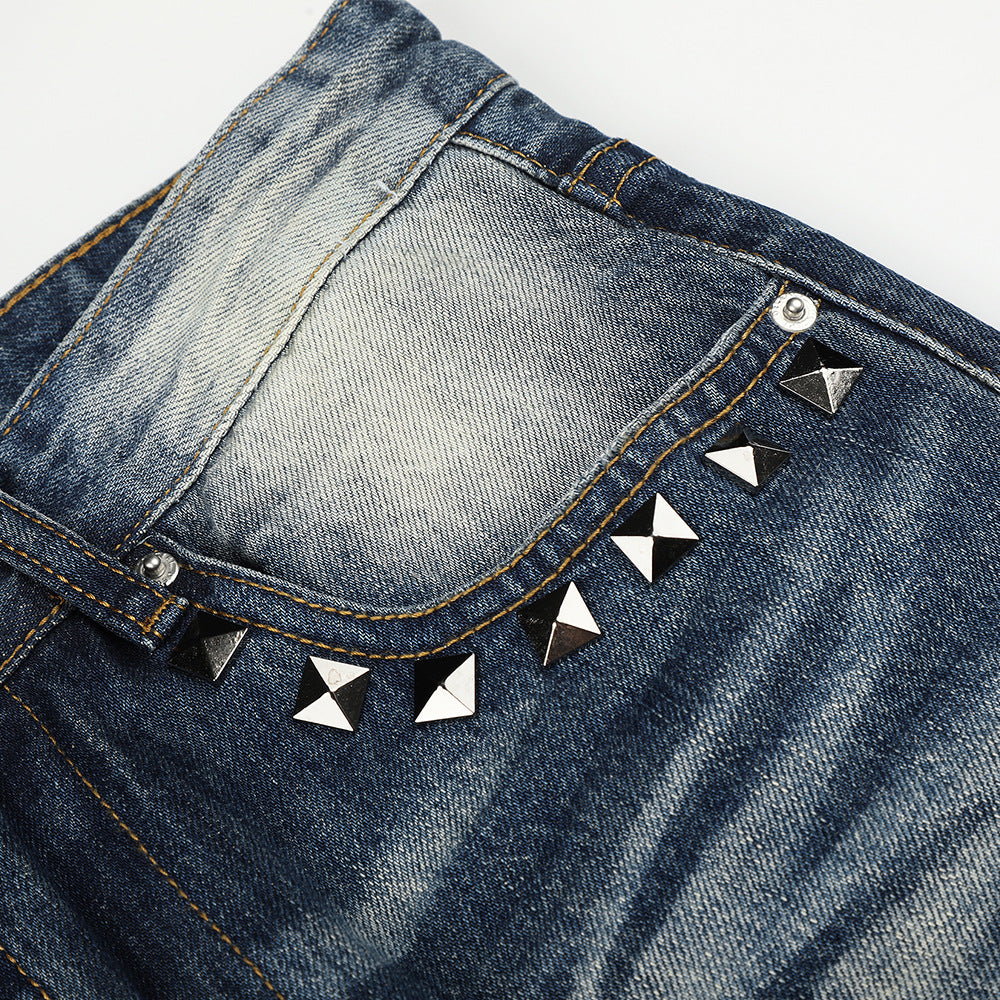 Color blocking white washed denim micro pull pants