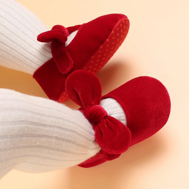 0-18M Newborn Infant Baby Girls Shoes Velvet Red Christmas 0-18M Princess Girl Baby Shoes Bow First Walkers