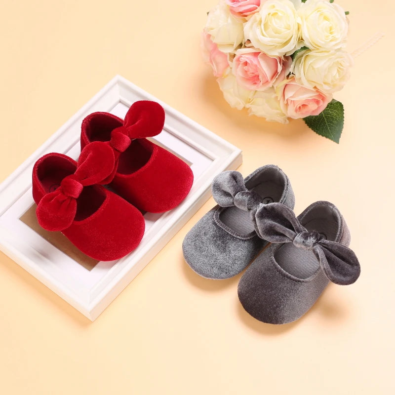 0-18M Newborn Infant Baby Girls Shoes Velvet Red Christmas 0-18M Princess Girl Baby Shoes Bow First Walkers