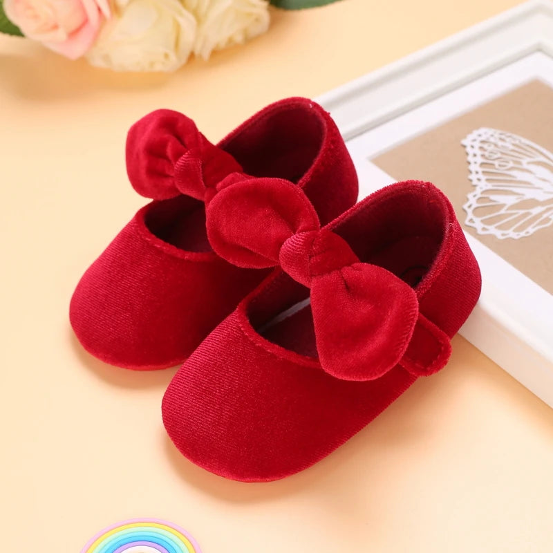 0-18M Newborn Infant Baby Girls Shoes Velvet Red Christmas 0-18M Princess Girl Baby Shoes Bow First Walkers