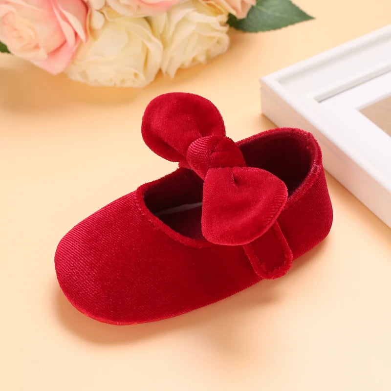 0-18M Newborn Infant Baby Girls Shoes Velvet Red Christmas 0-18M Princess Girl Baby Shoes Bow First Walkers