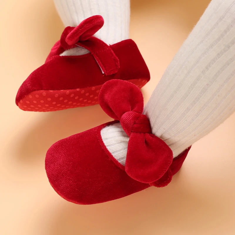 0-18M Newborn Infant Baby Girls Shoes Velvet Red Christmas 0-18M Princess Girl Baby Shoes Bow First Walkers