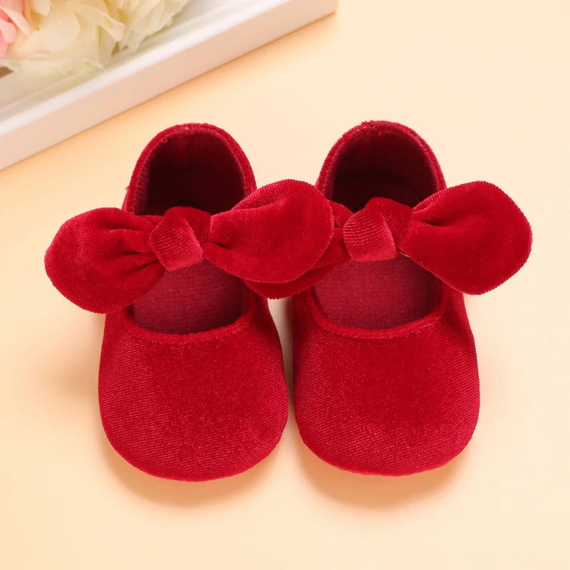 0-18M Newborn Infant Baby Girls Shoes Velvet Red Christmas 0-18M Princess Girl Baby Shoes Bow First Walkers