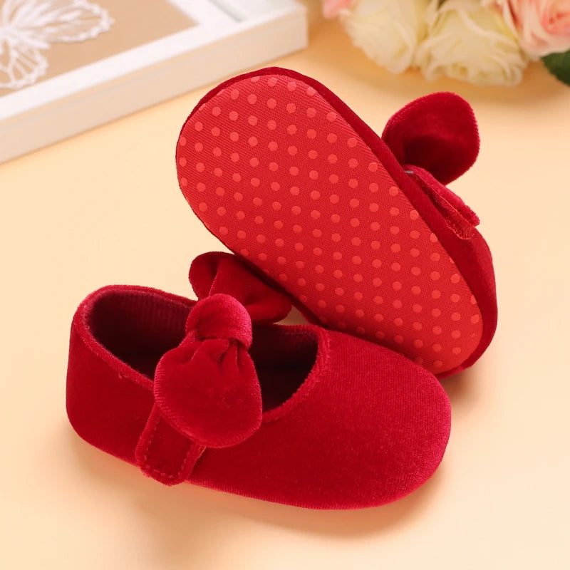 0-18M Newborn Infant Baby Girls Shoes Velvet Red Christmas 0-18M Princess Girl Baby Shoes Bow First Walkers