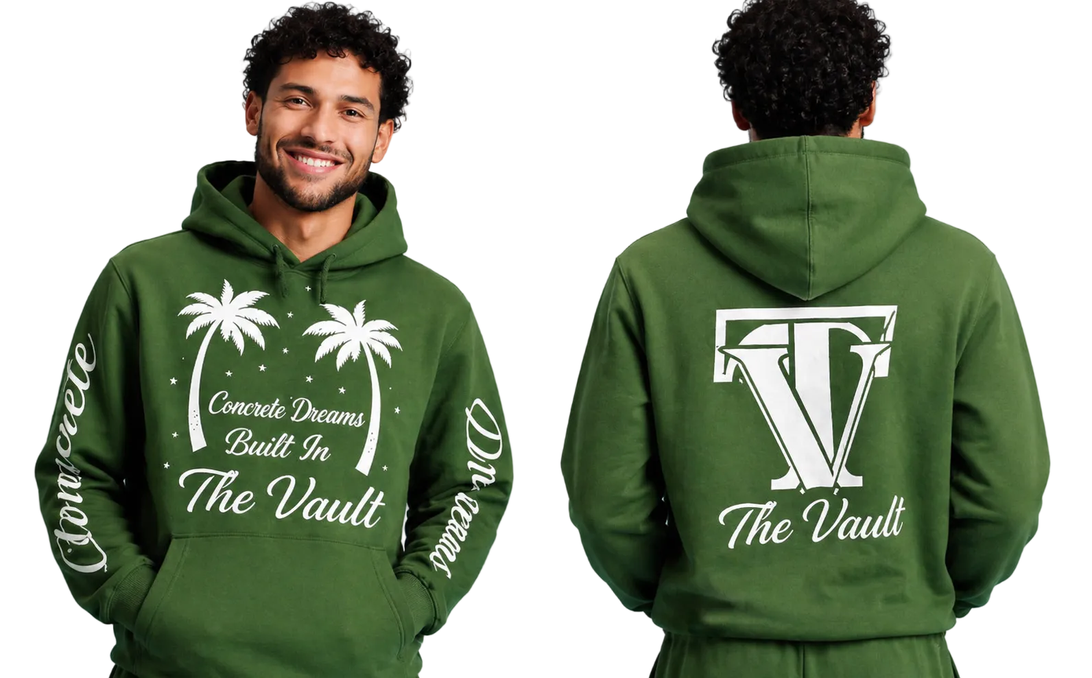 Green hoodie with text and palm tree design on front, 'The Vault' logo on back, worn by a person.