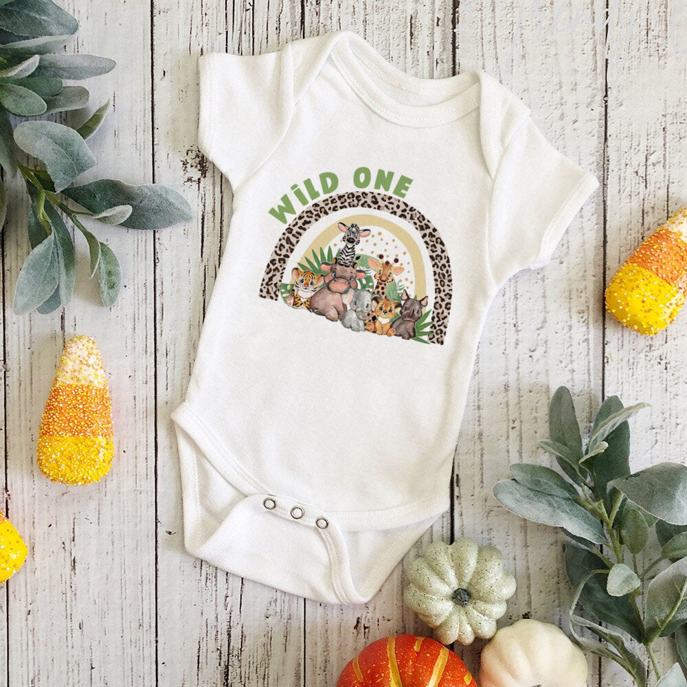 Wild One Birthday Baby Bodusuit Safari Animals Printed Romper Infant 1st Birthday Jungle Party Outfit Jumpsuit Baby Shower Gift