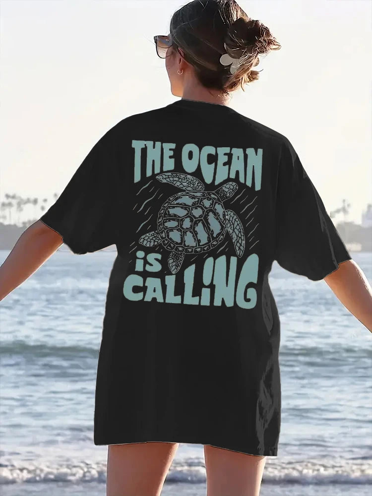 2024 New Cute Turtle Letter Printed T-shirt Summer Short Sleeved Round Neck Casual Top Pure Cotton Women's Fashion Clothing