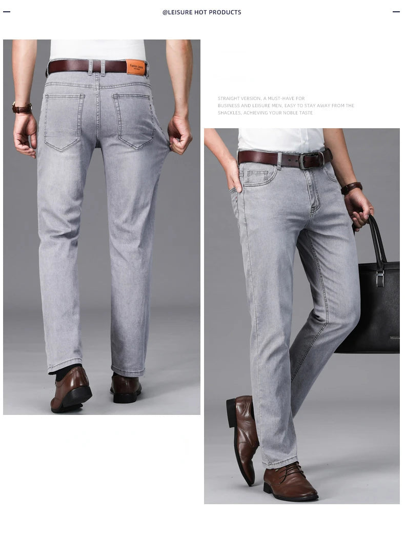 2024 Brand Thin or Thick Material Straight Cotton Stretch Denim Men's  Business Casual High Waist Light Grey Blue Jeans