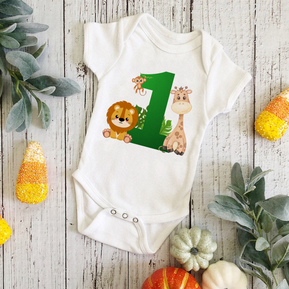 Wild One Birthday Baby Bodusuit Safari Animals Printed Romper Infant 1st Birthday Jungle Party Outfit Jumpsuit Baby Shower Gift