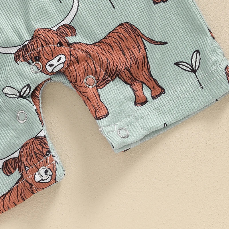 2024-03-19 Lioraitiin 0-18M Lovely Baby Boys Western Jumpsuit Short Sleeve Crew Neck Cow Head Print Summer Casual Romper