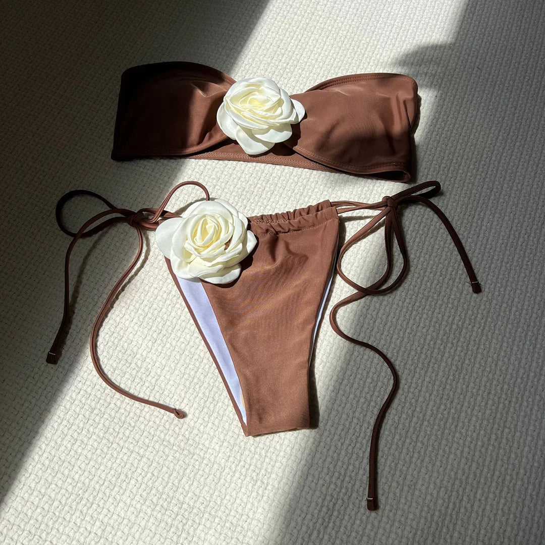 14 Colors 3D Flowers Bandeau High Cut Bikini Female Swimsuit Women Swimwear Two-pieces Bikini set Bather Bathing Suit Swim V5265
