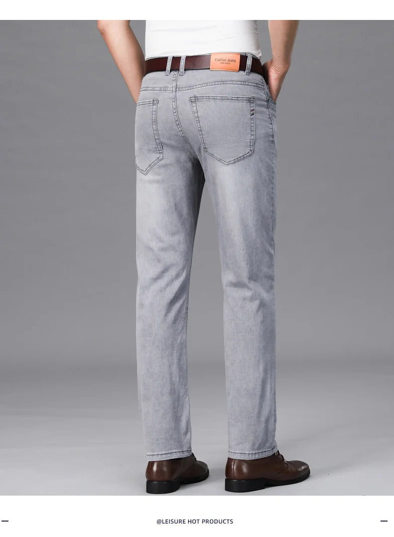2024 Brand Thin or Thick Material Straight Cotton Stretch Denim Men's  Business Casual High Waist Light Grey Blue Jeans