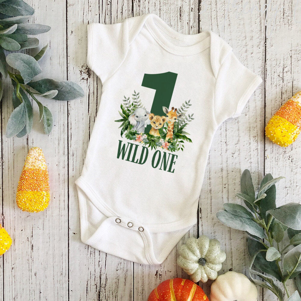 Wild One Birthday Baby Bodusuit Safari Animals Printed Romper Infant 1st Birthday Jungle Party Outfit Jumpsuit Baby Shower Gift