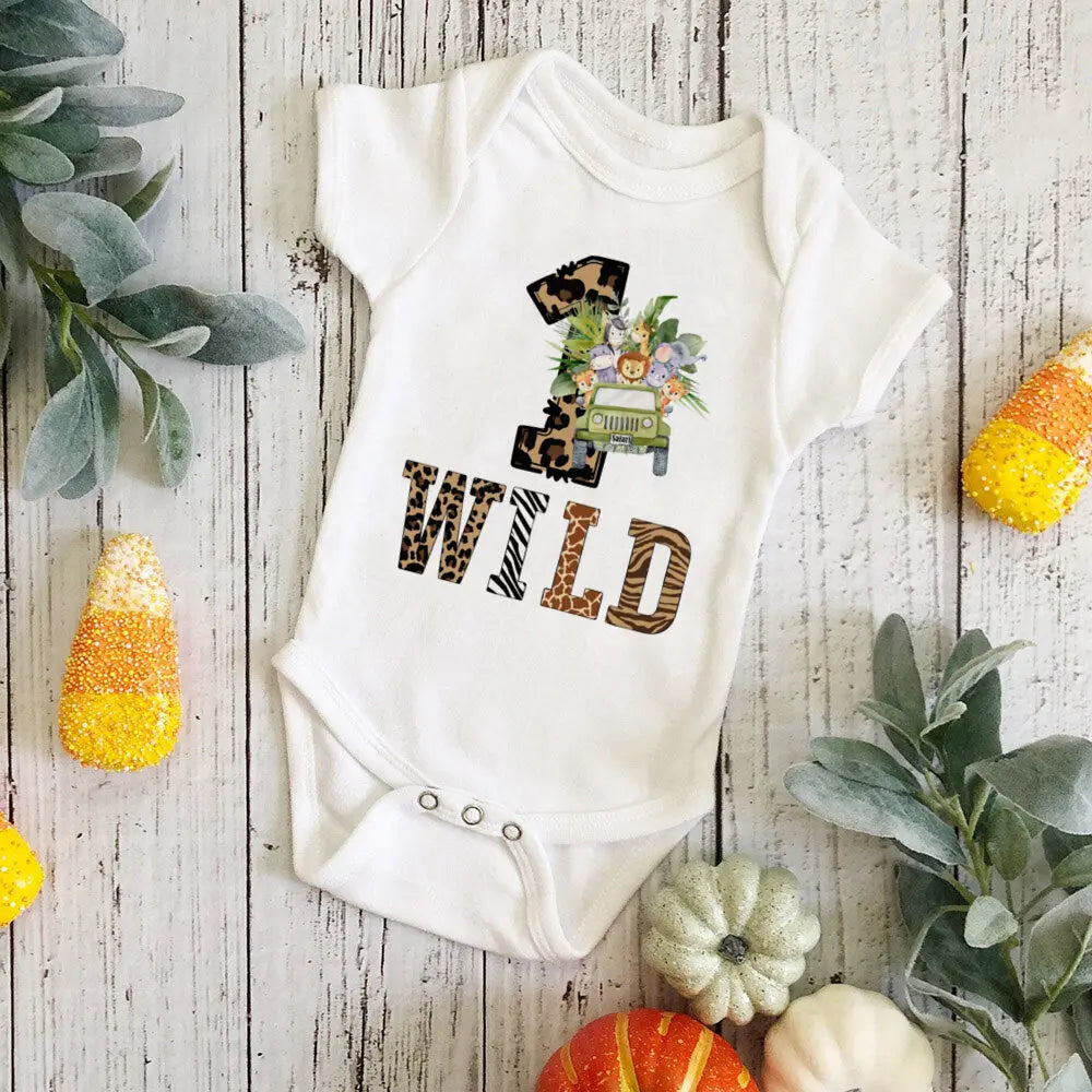 Wild One Birthday Baby Bodusuit Safari Animals Printed Romper Infant 1st Birthday Jungle Party Outfit Jumpsuit Baby Shower Gift