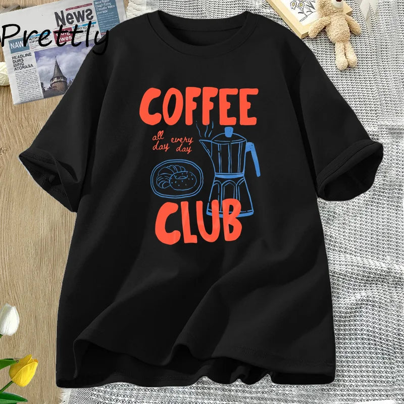 Coffee Club T Shirt Women Funny Coffee Lover Retro Tshirt Trendy Cotton Short Sleeve Tee Harajuku Graphci T Shirts Streetwear