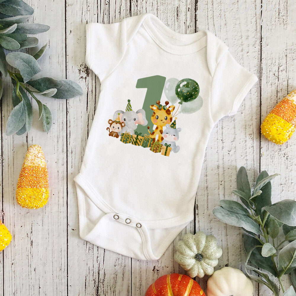 Wild One Birthday Baby Bodusuit Safari Animals Printed Romper Infant 1st Birthday Jungle Party Outfit Jumpsuit Baby Shower Gift