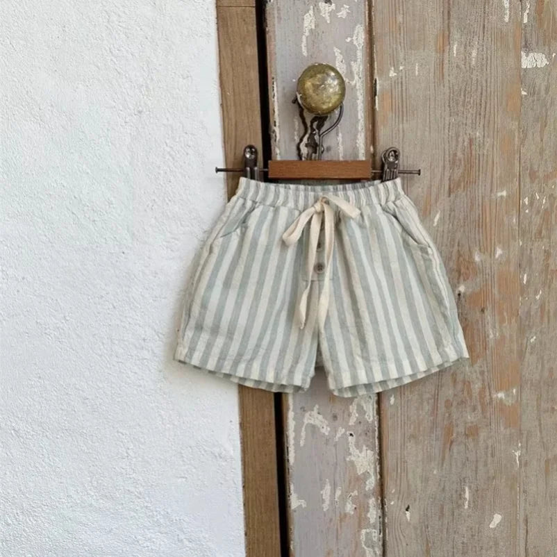 New 0-24M Baby Boys Stripe Shorts Vintage Linen Cotton Casual Buttons Pocket Design Baby Short Pants for Toddler Girls Clothing
