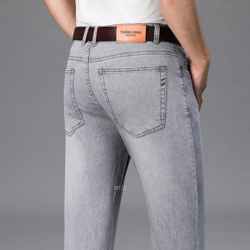 2024 Brand Thin or Thick Material Straight Cotton Stretch Denim Men's  Business Casual High Waist Light Grey Blue Jeans