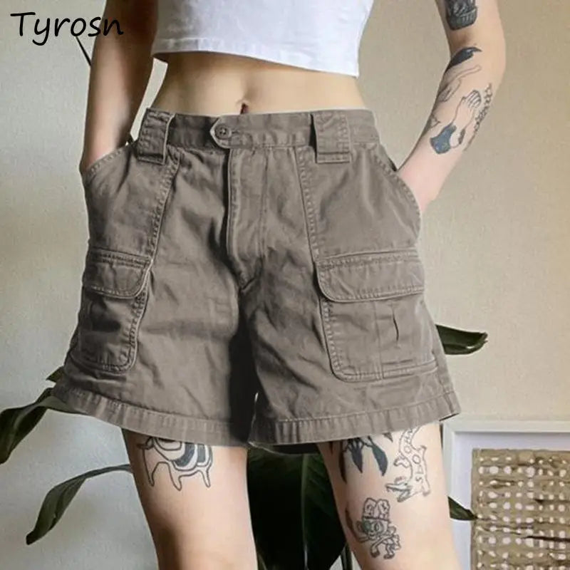 Straight Cargo Shorts Women Fashion American Retro Simple Leisure All-match Hot Summer Streetwear Mid Waist Pockets Designer Ins