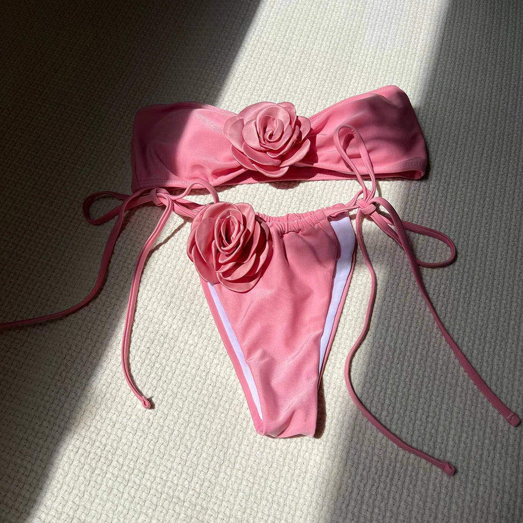 14 Colors 3D Flowers Bandeau High Cut Bikini Female Swimsuit Women Swimwear Two-pieces Bikini set Bather Bathing Suit Swim V5265