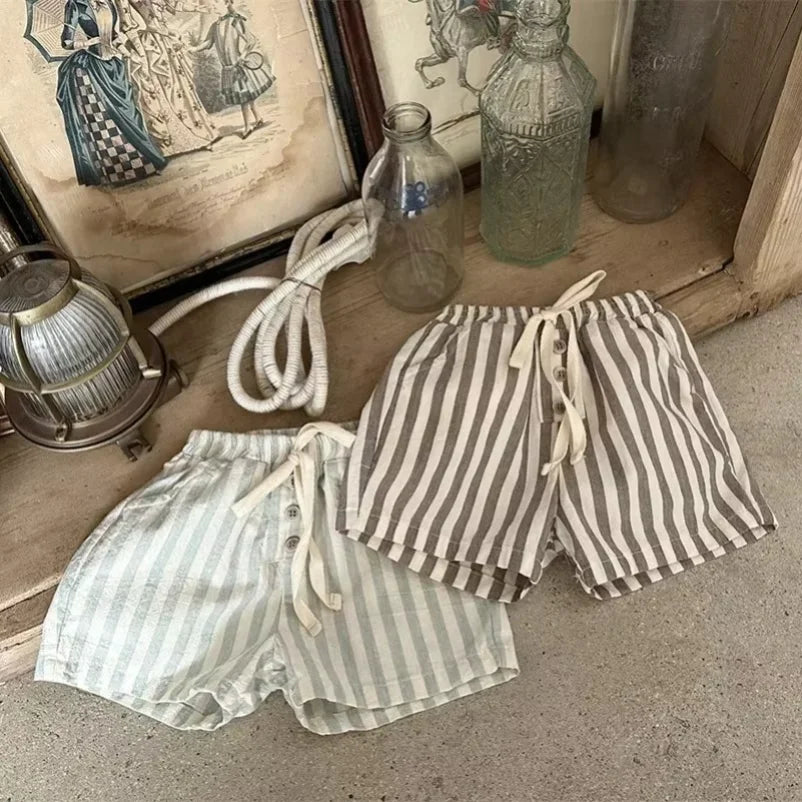 New 0-24M Baby Boys Stripe Shorts Vintage Linen Cotton Casual Buttons Pocket Design Baby Short Pants for Toddler Girls Clothing