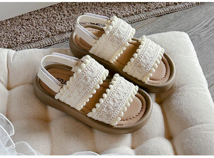 Kids Fashion Girls Sandals 2024 New Soft Ethnic French Wind Open-toe Cool Breatheable Princess Shoes Children Versatile Platform
