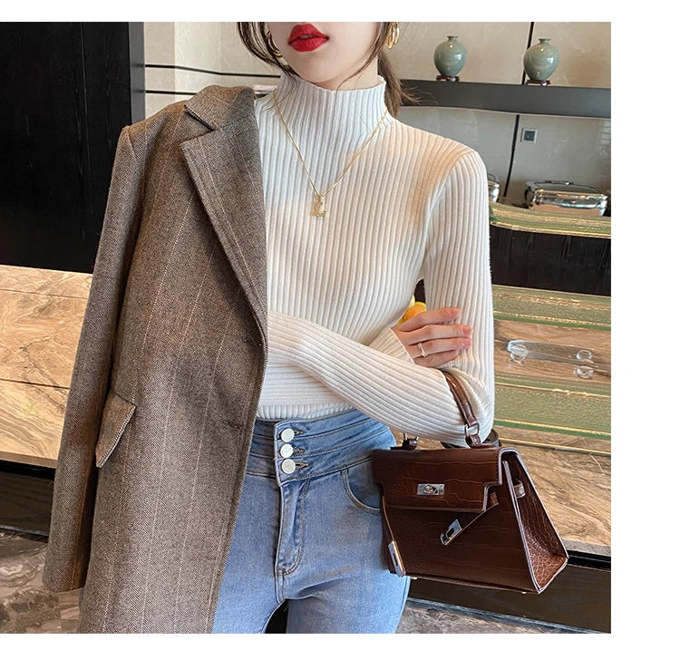 Winter Long Sleeve Mock Neck Knitted Women Sweater Pullover Slim Knit Sweater Women Tops Blusas Mujer De Moda 2024 Blusa J995