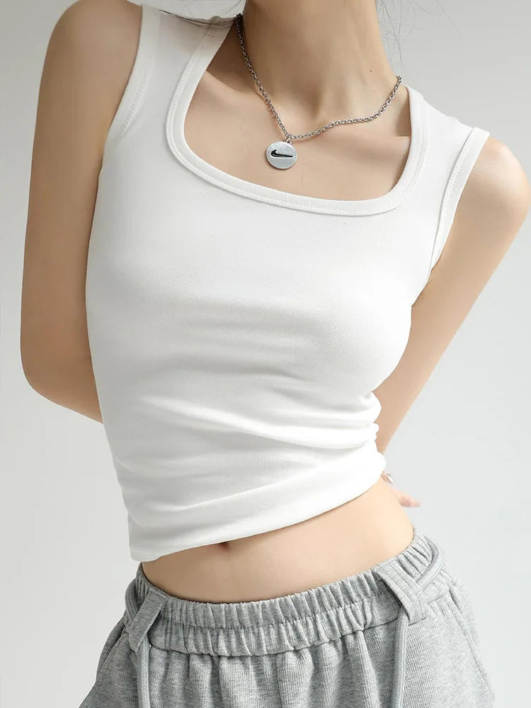 Women's Solid U-Neck Ribbed Sleeveless Tank Top