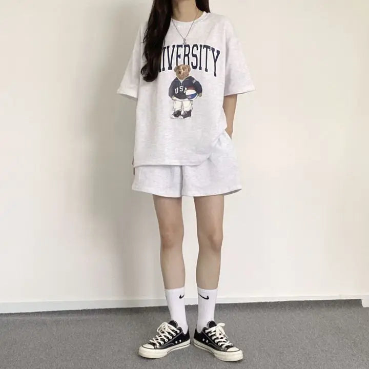 Summer Cotton Bear Print Short Sets 2025 New Casual Loose Two Pieces Short Sleeve T Shirt and High Waist Short Pants Suits Women