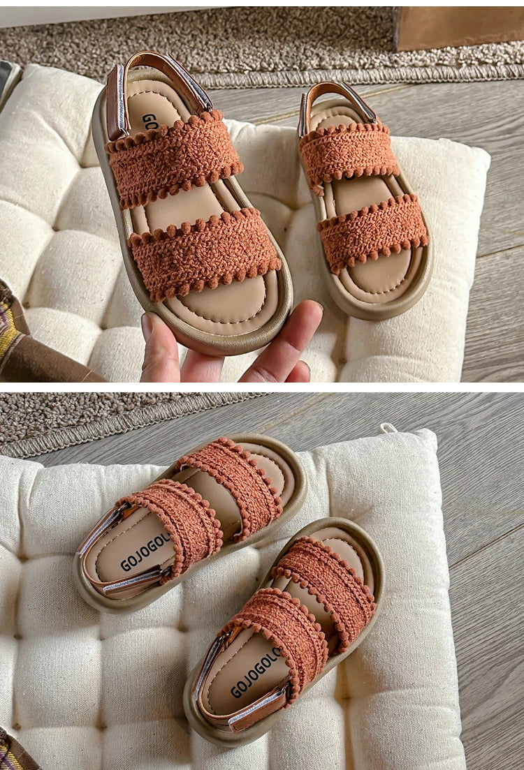Kids Fashion Girls Sandals 2024 New Soft Ethnic French Wind Open-toe Cool Breatheable Princess Shoes Children Versatile Platform