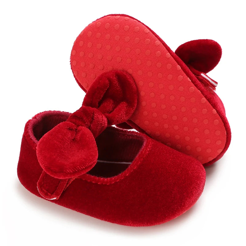 0-18M Newborn Infant Baby Girls Shoes Velvet Red Christmas 0-18M Princess Girl Baby Shoes Bow First Walkers
