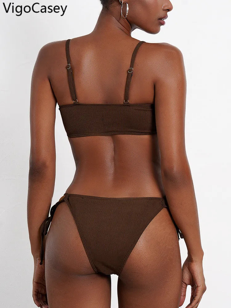 VigoCasey Sexy 2025 Solid Strapped Swimwear Women Hollow Push Up Bikini Set Tied High Cut Swimsuit Backless Beach Bathing Suit