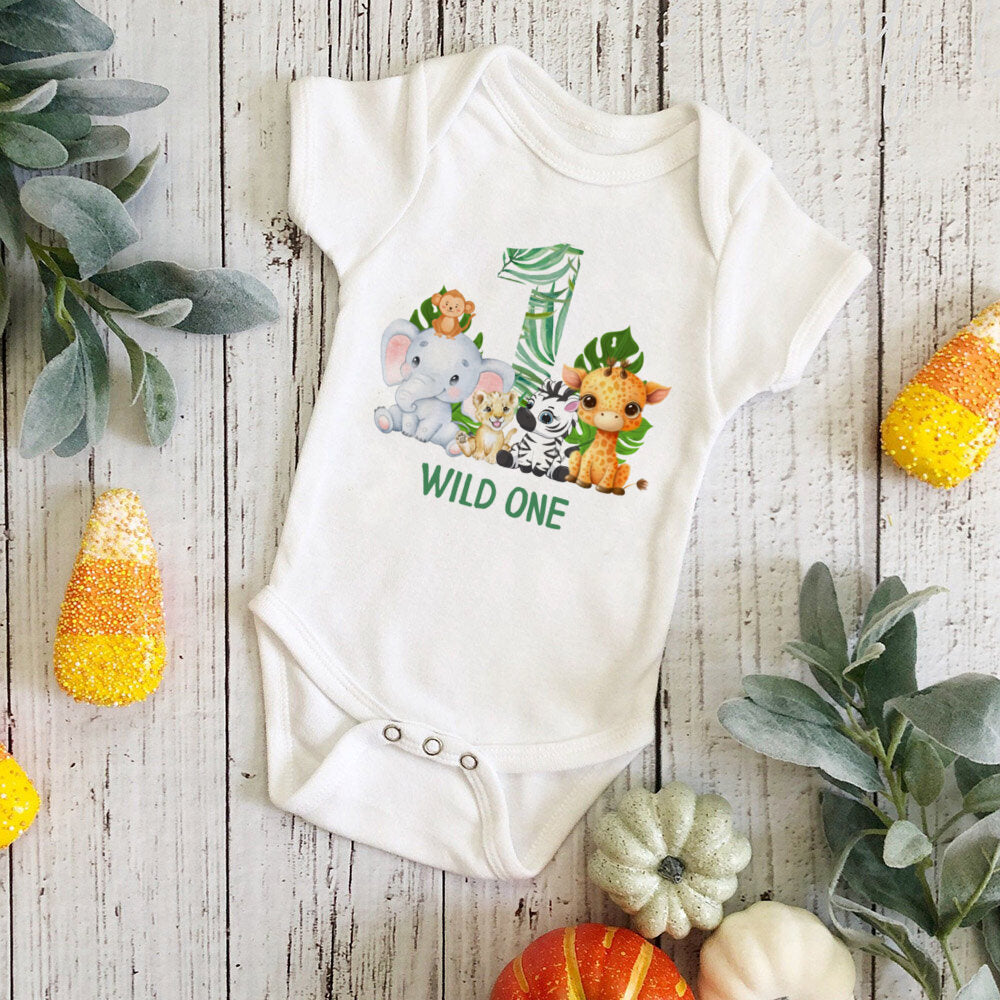 Wild One Birthday Baby Bodusuit Safari Animals Printed Romper Infant 1st Birthday Jungle Party Outfit Jumpsuit Baby Shower Gift