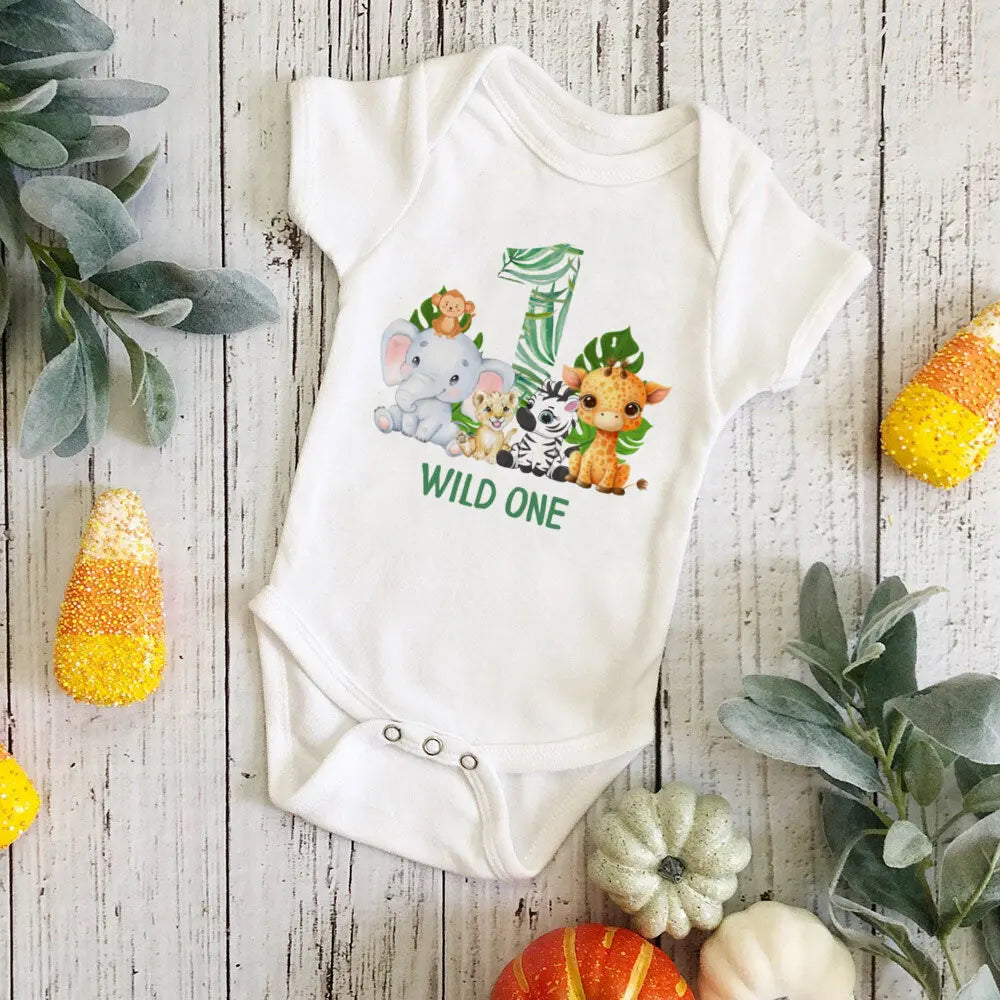 Wild One Birthday Baby Bodusuit Safari Animals Printed Romper Infant 1st Birthday Jungle Party Outfit Jumpsuit Baby Shower Gift