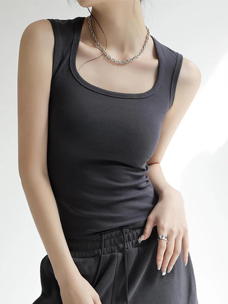 Women's Solid U-Neck Ribbed Sleeveless Tank Top