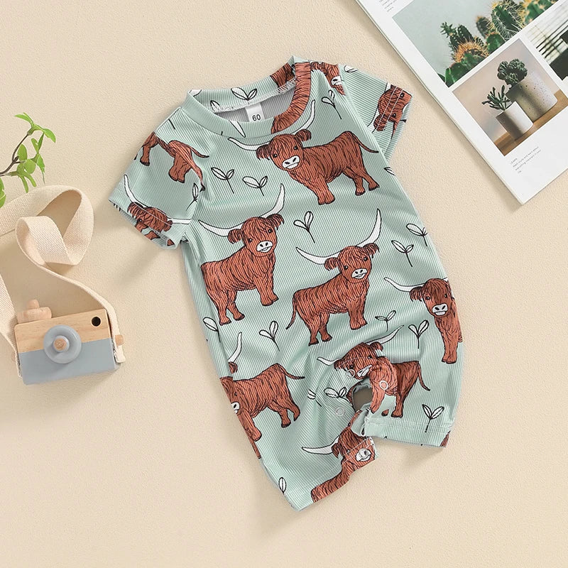 2024-03-19 Lioraitiin 0-18M Lovely Baby Boys Western Jumpsuit Short Sleeve Crew Neck Cow Head Print Summer Casual Romper