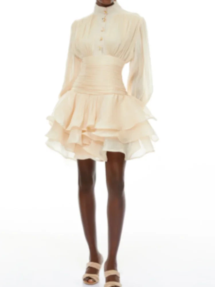 Elegant High Collar Ruffled Mini Dress