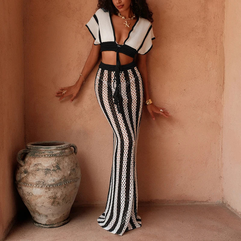 Fashion Style Brown and White Stripe Tie Up Top Long Skirt Suit Knitting See-Through Beach Vacation Swimsuit Cover Up