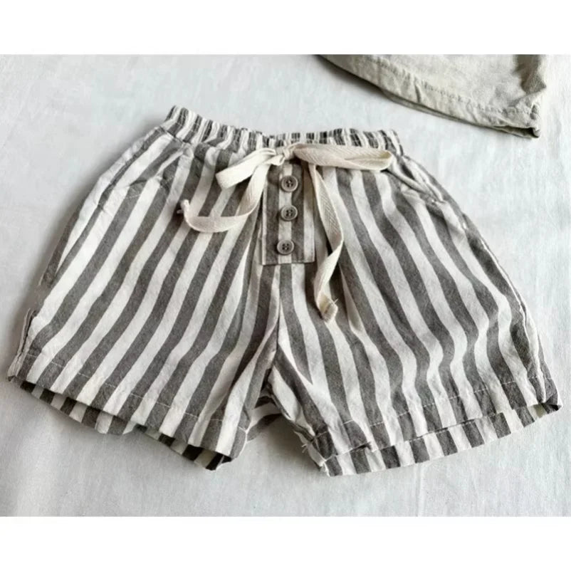 New 0-24M Baby Boys Stripe Shorts Vintage Linen Cotton Casual Buttons Pocket Design Baby Short Pants for Toddler Girls Clothing