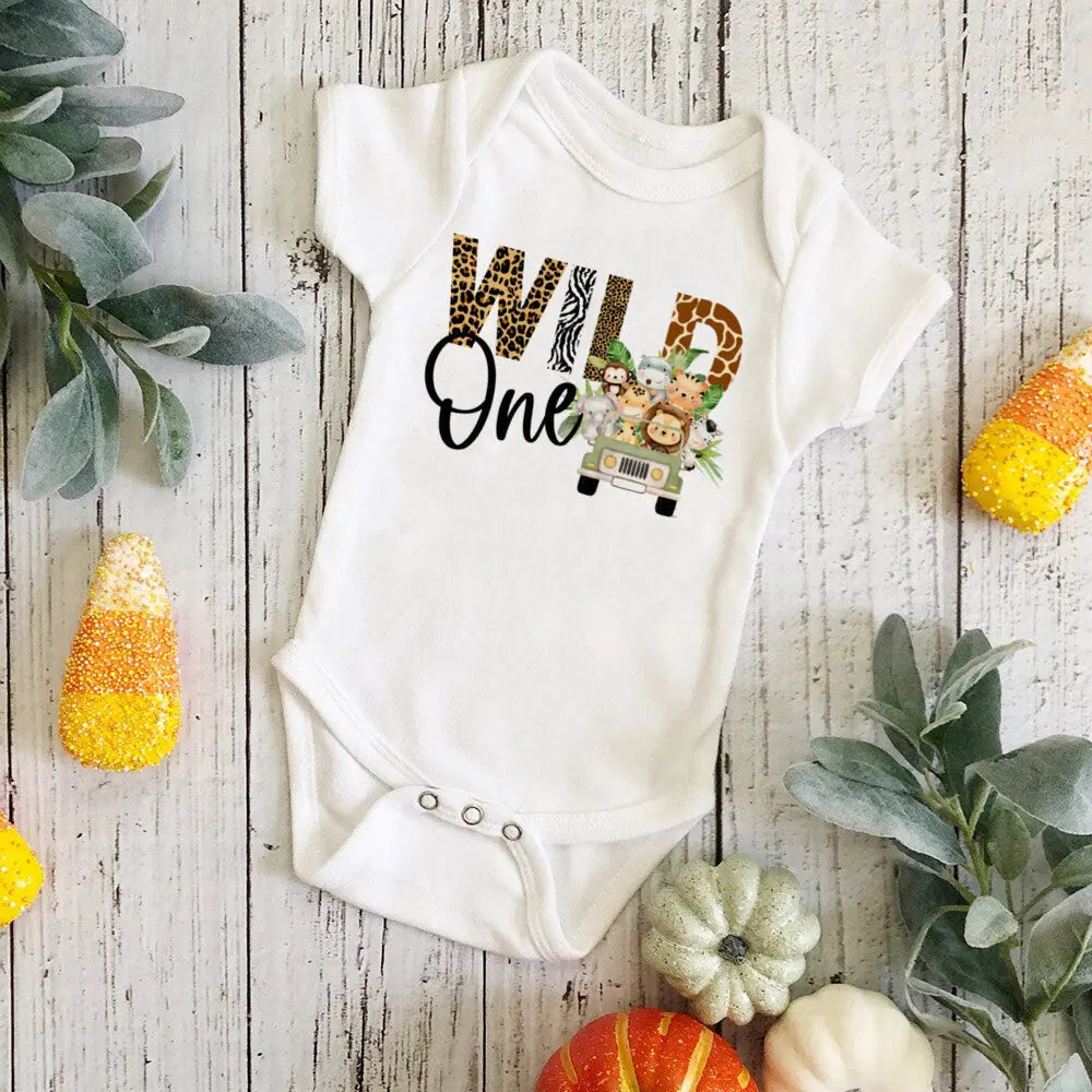Wild One Birthday Baby Bodusuit Safari Animals Printed Romper Infant 1st Birthday Jungle Party Outfit Jumpsuit Baby Shower Gift
