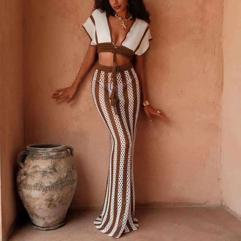 Fashion Style Brown and White Stripe Tie Up Top Long Skirt Suit Knitting See-Through Beach Vacation Swimsuit Cover Up