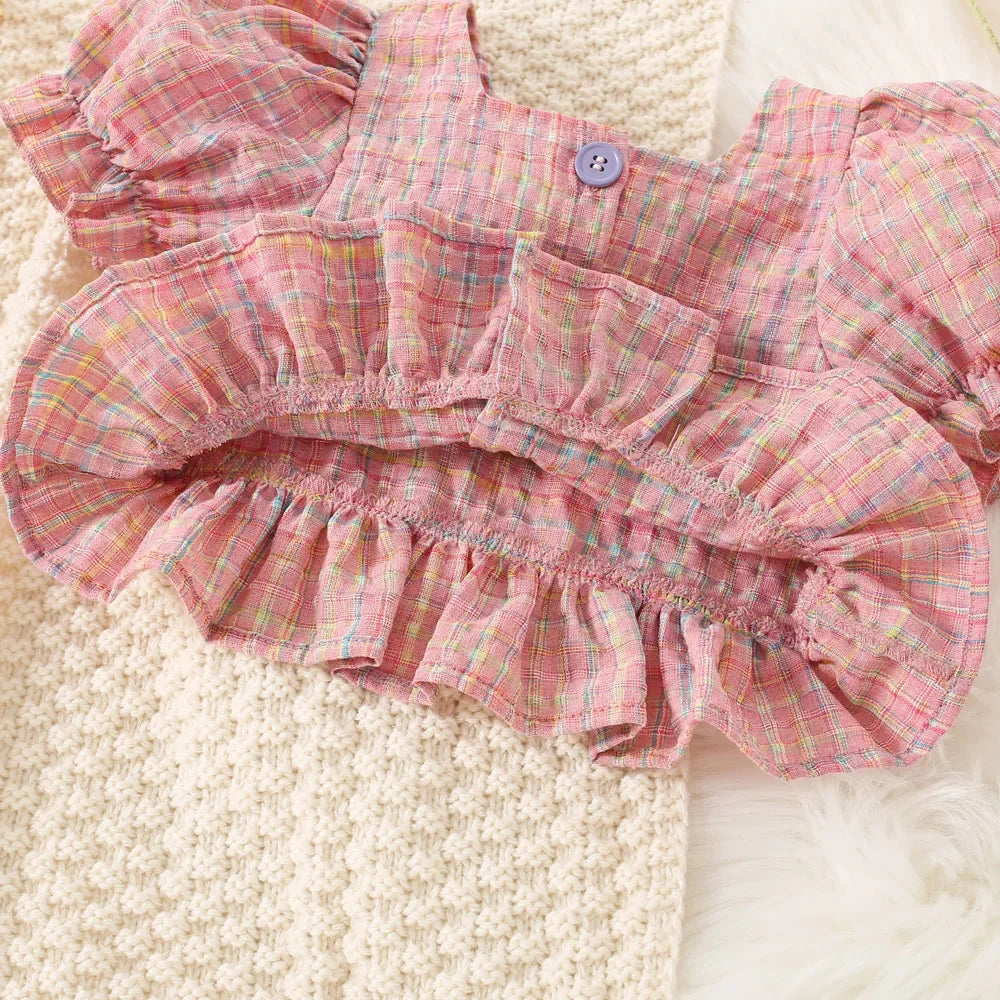 (0-3 Years Old) Summer Baby Girl Cotton Colored Plaid Bubble Sleeve Top and Shorts Set Cute Princess Style Girl Two-piece Set