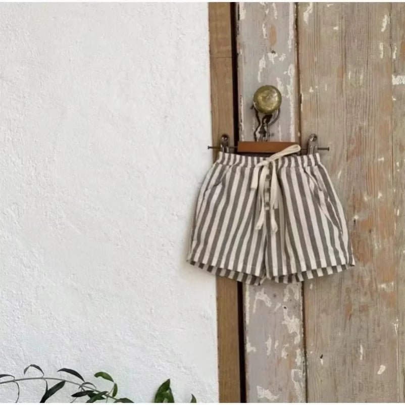 New 0-24M Baby Boys Stripe Shorts Vintage Linen Cotton Casual Buttons Pocket Design Baby Short Pants for Toddler Girls Clothing