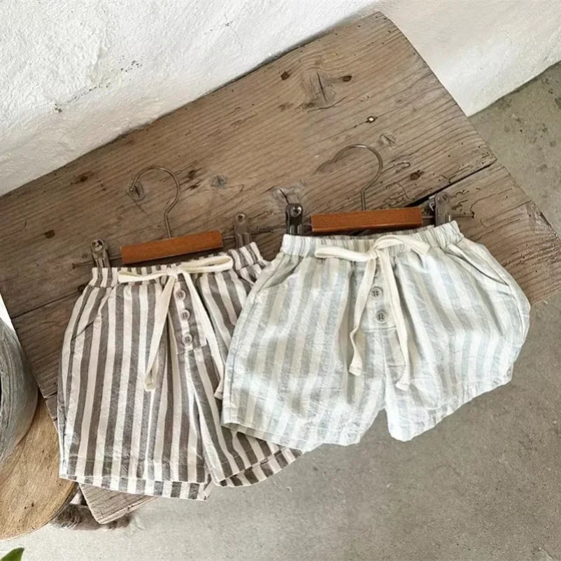 New 0-24M Baby Boys Stripe Shorts Vintage Linen Cotton Casual Buttons Pocket Design Baby Short Pants for Toddler Girls Clothing